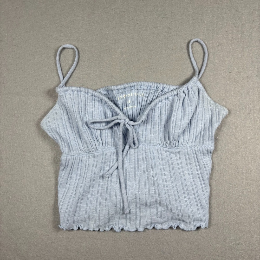 Aeropostale Light Blue Ribbed Cami Tank Top Tie Ruched Front Crop Size XS Casual